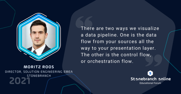 Stonebranch Online 2021: week 2, Moritz Roos quote: "There are two ways we visualize a data pipeline. One is the data flow from your sources all the way to your presentation layer. The other is the control flow, or orchestration flow."